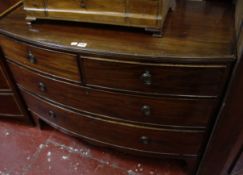 A George III mahogany low bowfronted chest with two short and two long drawers, on bracket feet, (