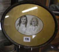 Watercolour (unattributable) of two females, portrait, head and shoulders, on porcelain plaque,