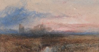 Follower of Albert Goodwin Sunset with castle ruins Watercolour, with gum arabic, heightened with