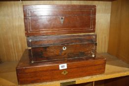 Three mahogany sewing/workboxes (af)