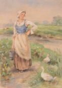 Henry John Yeend King (1855-1924) Milkmaid on a riverside path Watercolour, heightened with white