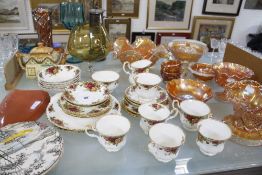Royal Albert 'Old Country Roses' part tea service, Carnival glass, a miner’s lamp and other items