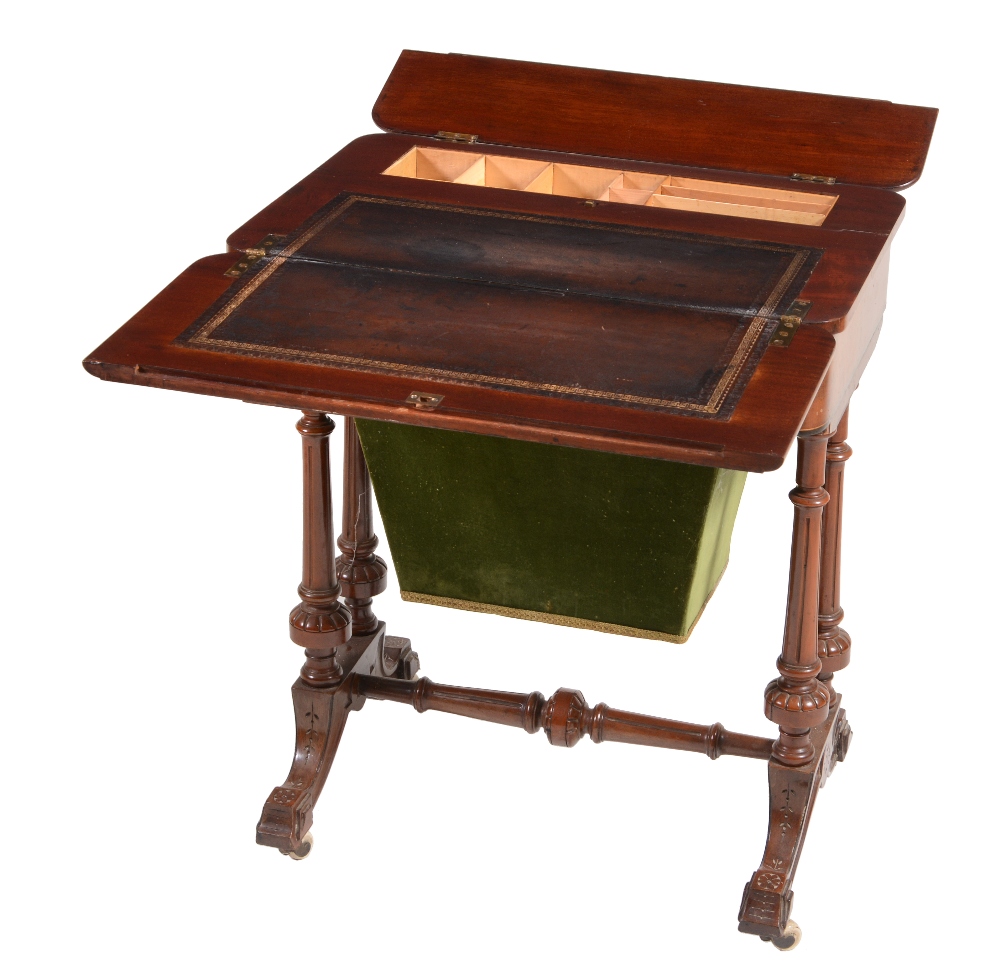 A Victorian walnut and ebony games/work table with folding top above a work basket twin pillar - Image 2 of 6