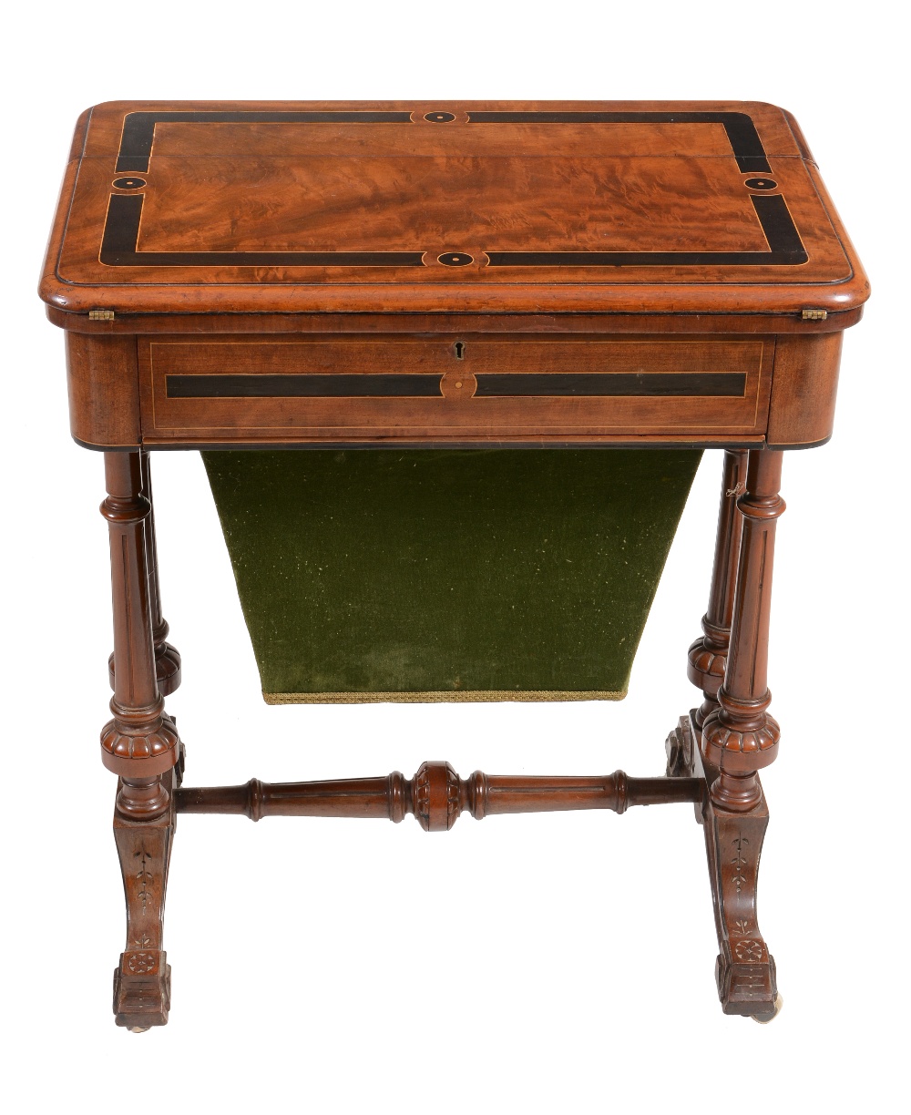 A Victorian walnut and ebony games/work table with folding top above a work basket twin pillar - Image 3 of 6