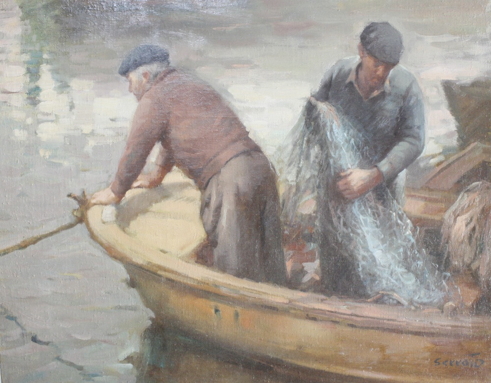 Ruggero Serrato (Italian, 20th Century) Fisherman pulling in the catch Oil on canvas Signed
