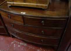 A George III mahogany low bowfronted chest with two short and two long drawers, on bracket feet, (