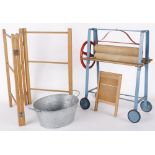 A Lines Bros/Triang doll size 1950s toy washing set. Comprising mangle, washboard, tin bath and