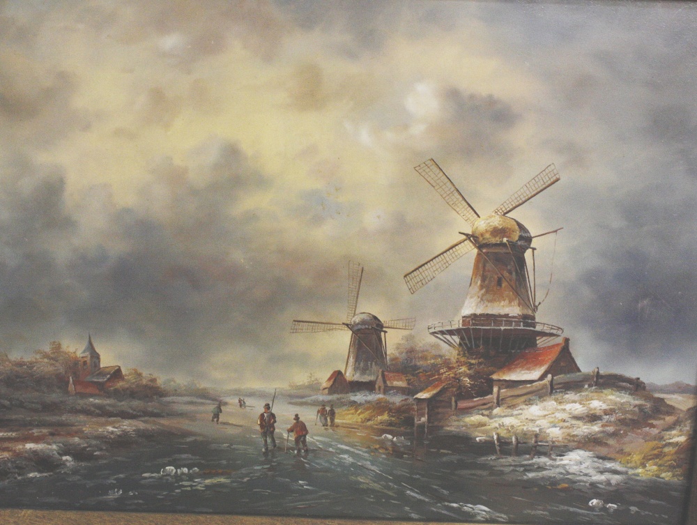 Continental School (20th Century) Winter landscape with windmills Oil on board Unsigned 28.5cm x