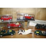 Franklin Mint scale model classic cars, Jaguar SS 100, Mercedes Benz 500K both in hand made glazed
