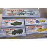 Five boxed Dinky diecast vehicles, including the 582 Pullmore Car Transporter, the 533 Leyland