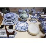 A quantity of blue and white ceramics, to include meat plates, dishes, jugs and other decorative