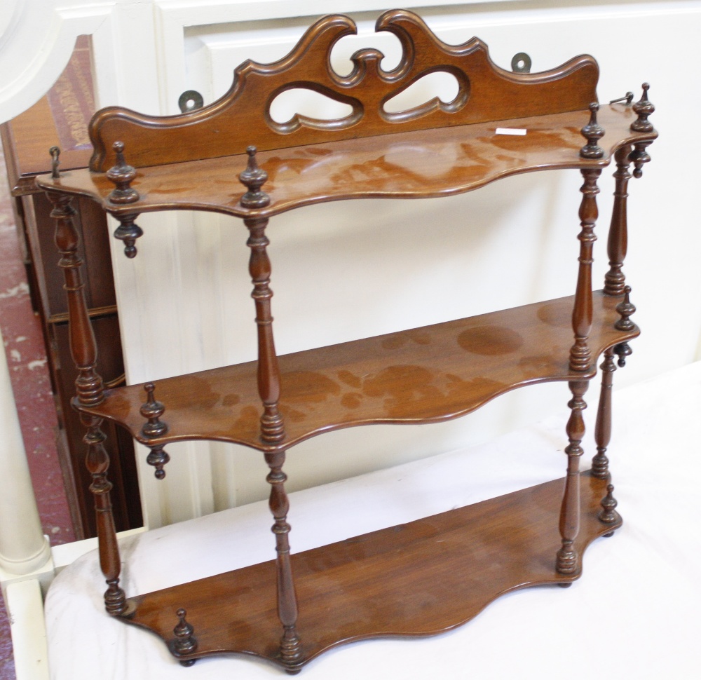 A wall shelf with a low Victorian nursery chair with barley turned legs and a small walnut table - Image 2 of 2