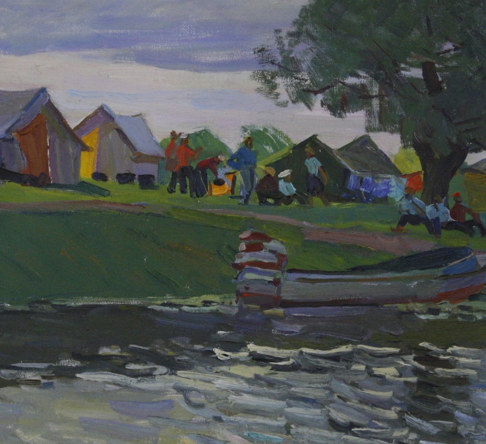 Alexander Lopukov (b. 1925) Boat on riverside Oil on canvas Signed lower right 48cm x 52.5cm