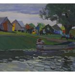 Alexander Lopukov (b. 1925) Boat on riverside Oil on canvas Signed lower right 48cm x 52.5cm