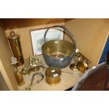 A quantity of metalware, to include copper coal bucket, brassware and a mirror