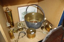 A quantity of metalware, to include copper coal bucket, brassware and a mirror
