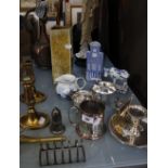 A copper Middle Eastern coffee pot, a small quantity of silver-plate and other sundry items