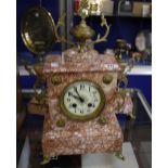 A gilt metal and pink veined marble clock garniture, the clock with eight day movement striking on a