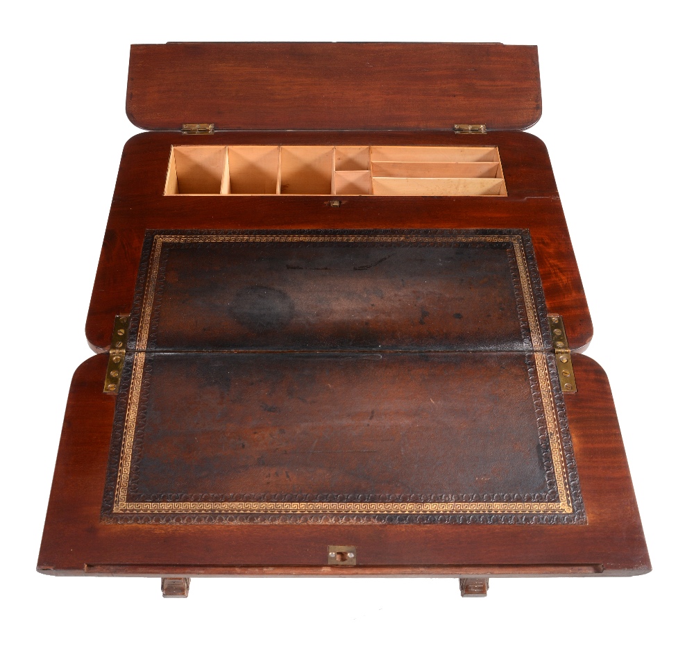 A Victorian walnut and ebony games/work table with folding top above a work basket twin pillar - Image 4 of 6