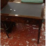 A 19th Century mahogany writing table with inset writing surface, a frieze drawer on ring turned