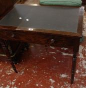 A 19th Century mahogany writing table with inset writing surface, a frieze drawer on ring turned