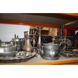 A quantity of plated ware to include candlesticks, coffee pots etc Best Bid