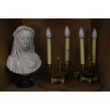 A pair of twin branch table lamps (sold as parts) and a reproduction Parian style bust "