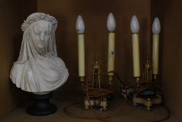 A pair of twin branch table lamps (sold as parts) and a reproduction Parian style bust "