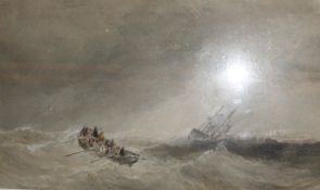 Edward Tucker Jr (c.1847-1910) Rowing boat going to the rescue of a masted vessel Watercolour Signed