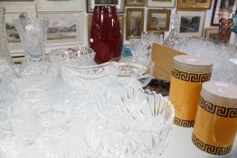 A quantity of glassware and decorative ceramics, to include wines, bowls, vases etc