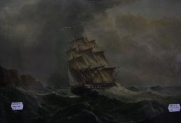 J.. Humble (19th century) A sailing ship on a rough sea by a rocky coastline Oil on canvas Signed