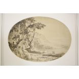 Follower of Thomas Gainsborough (1727-1788) Lakeside scene with cattle Watercolour, Oval Unsigned