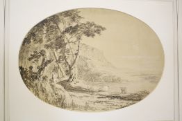 Follower of Thomas Gainsborough (1727-1788) Lakeside scene with cattle Watercolour, Oval Unsigned