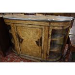 A Victorian burr walnut, ebonised and inlaid bowfront credenza with a central cupboard flanked by