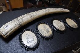 Four resin "Scrimshaw" oval plaques of sailing ships and a resin "Scrimshaw" whale tooth.
