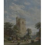 English School (19th Century) Seated in a church graveyard on a sunny day Watercolour Signed lower