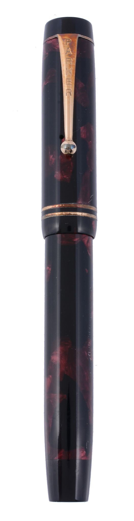 Parker, Duofold, a red marbled fountain pen, with a red marbled cap and barrel  Parker, Duofold, a