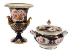 An English porcelain scale-blue ground and gilt campana urn , circa 1820 An English porcelain
