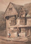 Attributed to Samuel Prout (1783-1852) - Figures resting in front of a town house Watercolour,