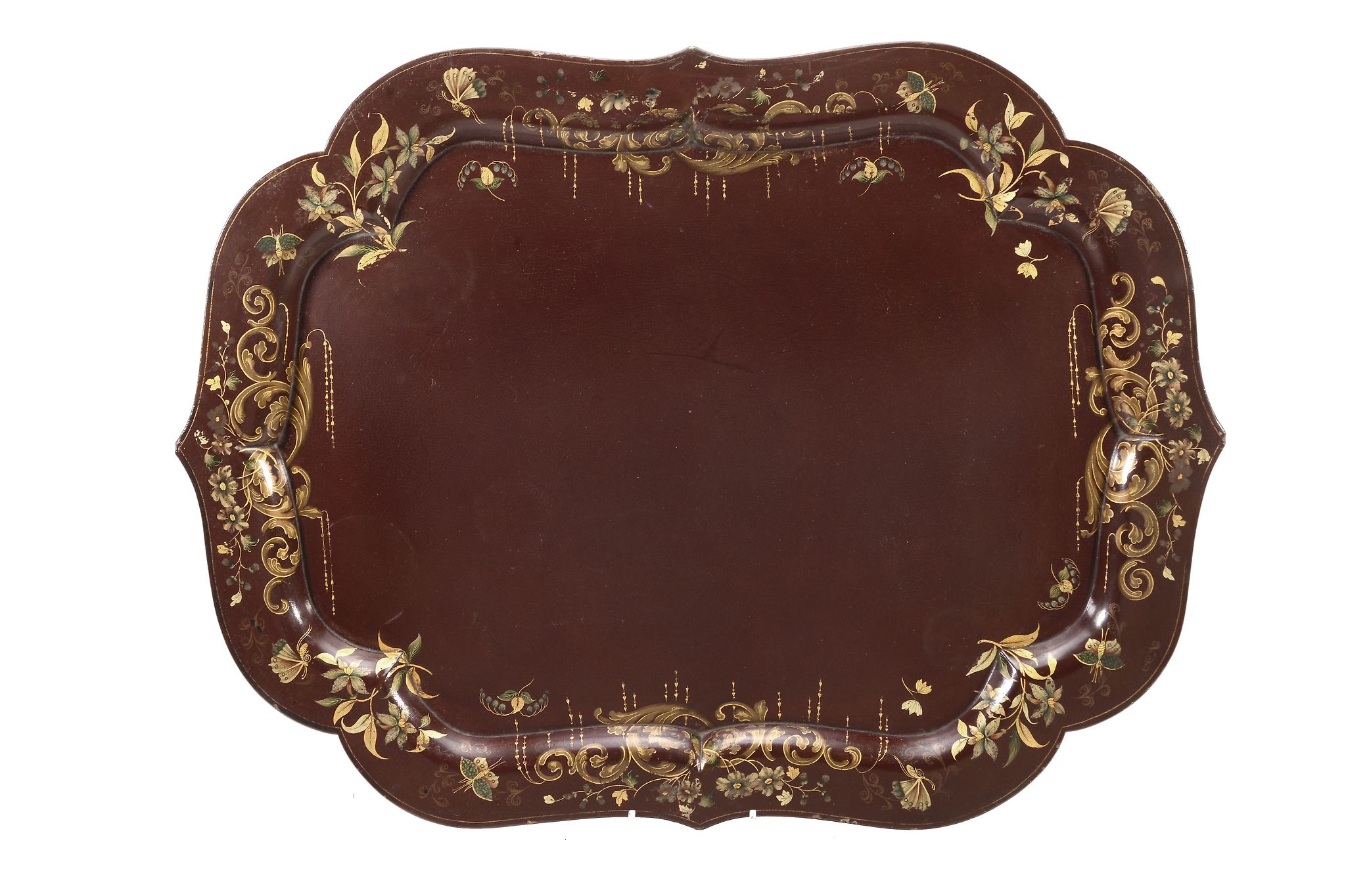 A Victorian lacquered, painted and parcel gilt papier mache tray, circa 1860  A Victorian lacquered,