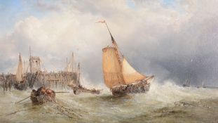 James Webb (1825-1895) - Fishing boats in a squall by a jetty Oil on canvas 44 x 80 cm. (17 1/8 x 31