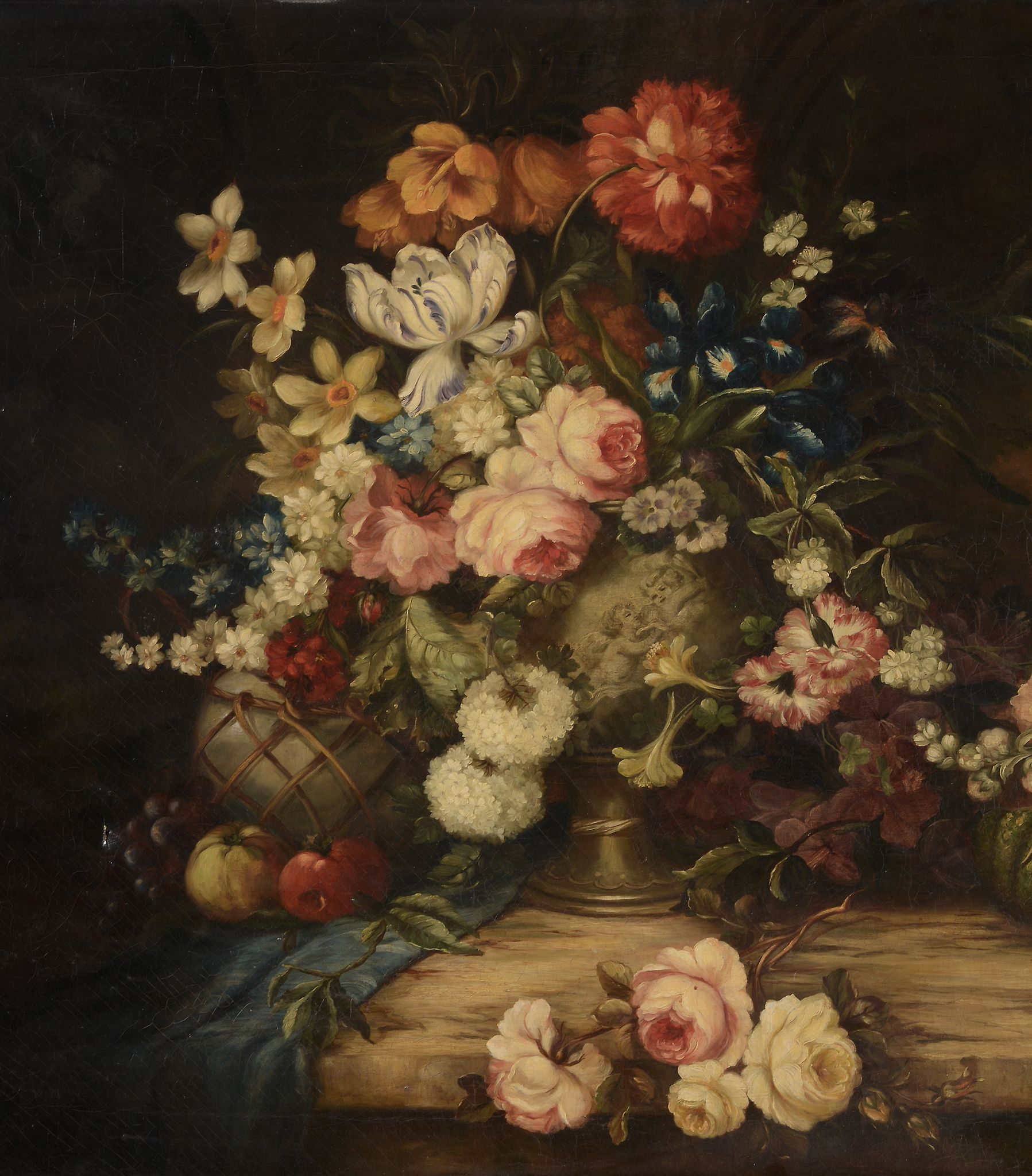 Circle of Jan P. Gillemans the Younger (1651-1704) - Still life with flowers and fruit on a ledge, - Image 3 of 4