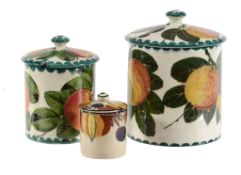A Wemyss cylindrical biscuit barrel and cover, circa 1900, painted with apples  A Wemyss cylindrical