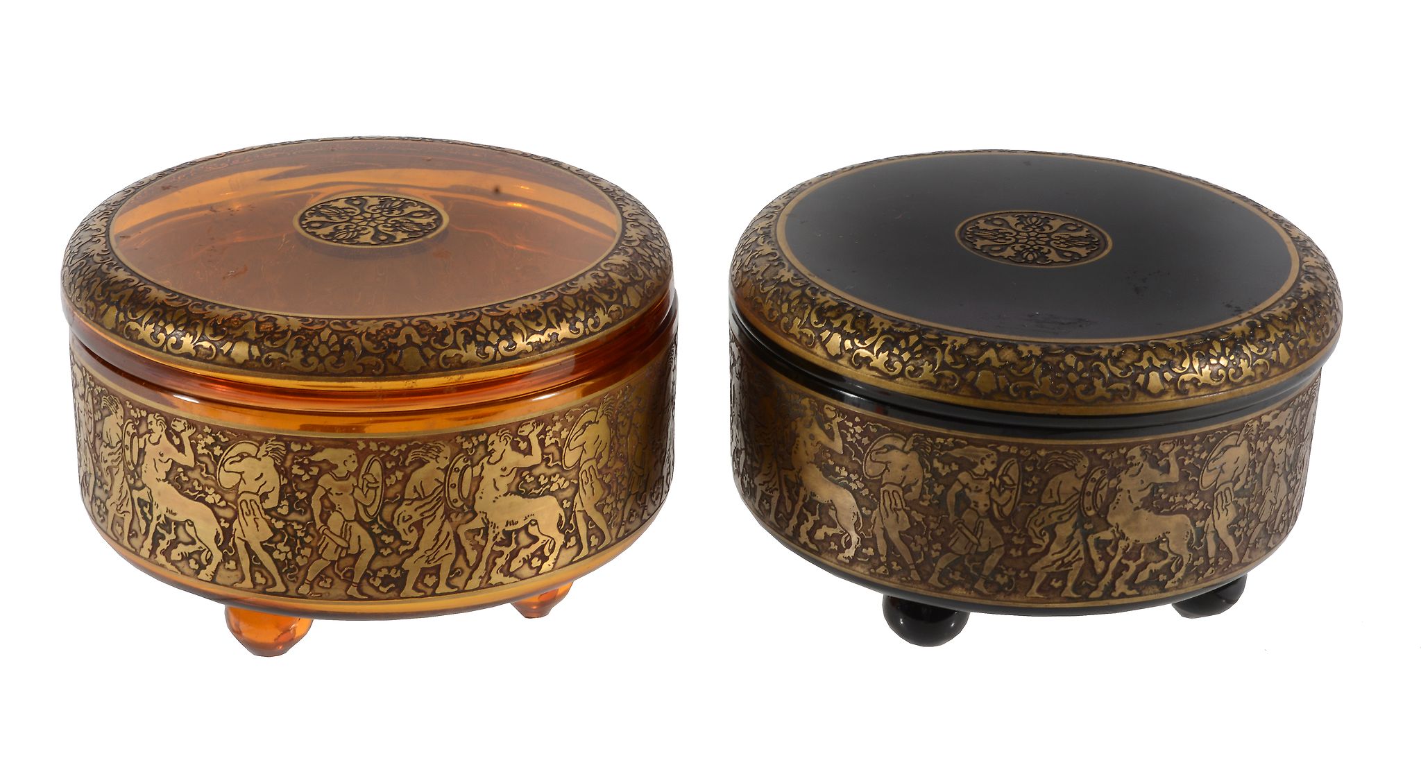 Two Moser of Karlsbad coloured glass and gilt oroplastic circular boxes and...  Two Moser of