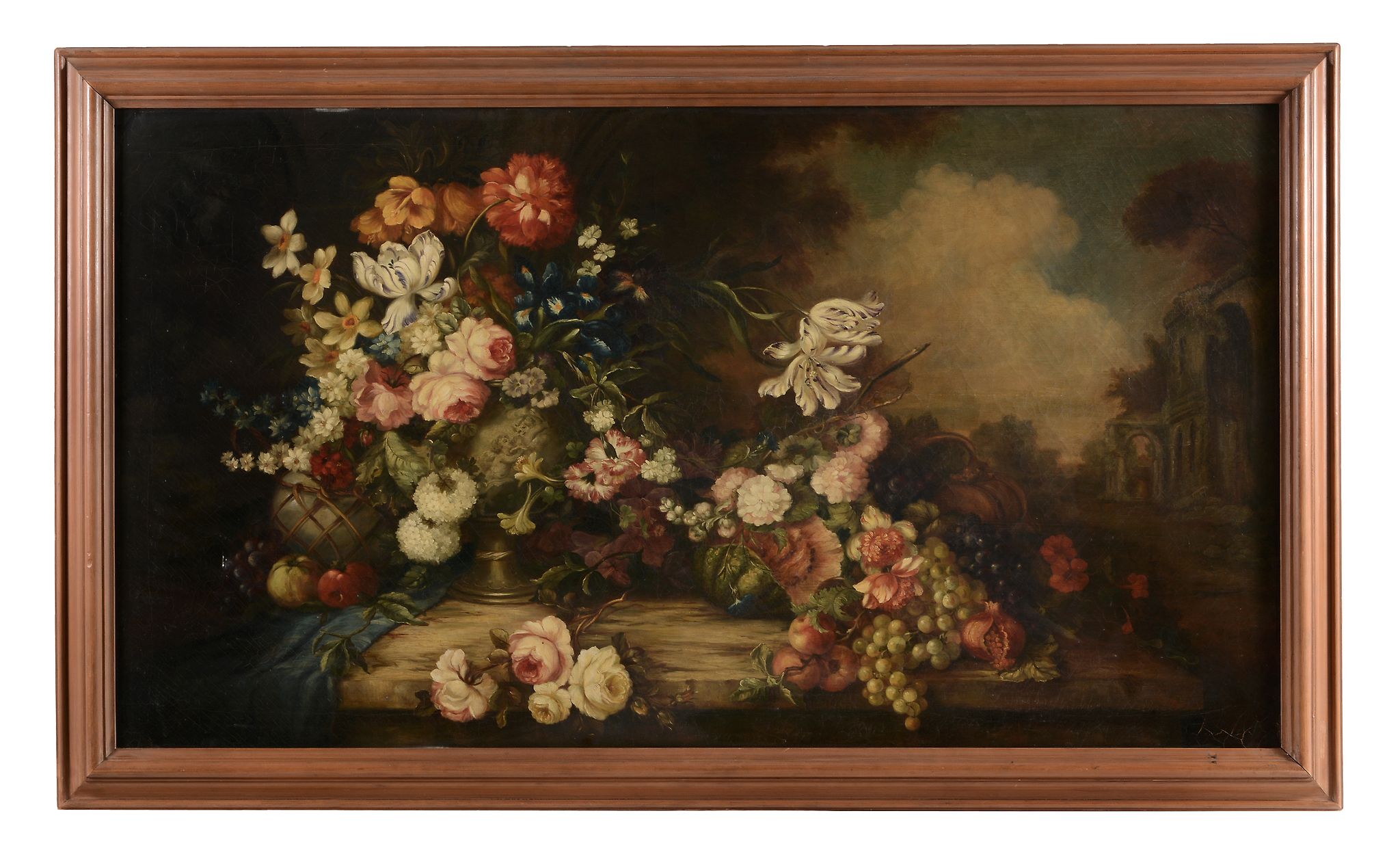 Circle of Jan P. Gillemans the Younger (1651-1704) - Still life with flowers and fruit on a ledge, - Image 2 of 4