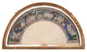 A Chinese Export Fan, 19th century, the paper blade decorated in gouache... A Chinese Export Fan,