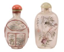 Two Interior Painted Glass Snuff Bottles, one with overlaid red reserves... Two Interior Painted