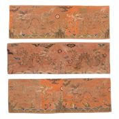 -1 Three Chinese rust brocade double dragons panels, 18th century -1 Three Chinese rust brocade