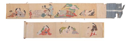 A Japanese Shunga Makimono in inks and gold on silk backed onto paper A Japanese Shunga Makimono