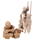 An Ivory Okimono of a Farmer, he firmly holds a ladder that is strapped to... An Ivory Okimono of